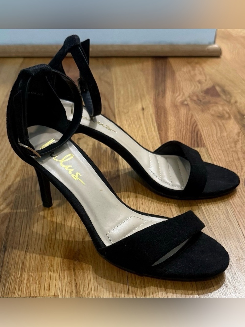 Lulus Black Vegan Suede Ankle Strap Heels | Open Toe | Size 5.5